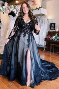 Floor-Length A-Line Split Front Long Sleeves V-Neck Prom Dresses with Appliques by misshow.com