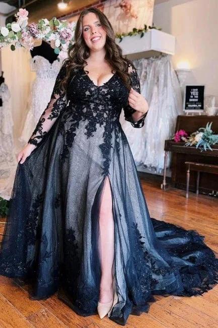 Floor-Length A-Line Split Front Long Sleeves V-Neck Prom Dresses with Appliques by misshow.com
