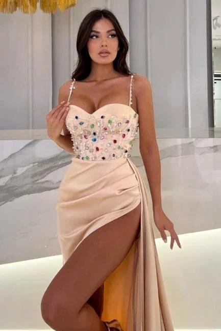 Floor-Length Champagne Sweetheart Stain Beadings Spaghetti Straps Prom Dresses with Split by misshow.com