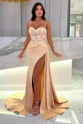 Floor-Length Champagne Sweetheart Stain Beadings Spaghetti Straps Prom Dresses with Split by misshow.com