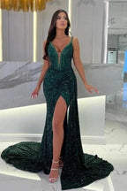 Floor-Length Dark Green Straps Sweetheart Column Split Front Prom Dresses with Sequins by misshow.com
