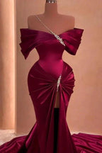 Floor-Length Mermaid Off-The-Shoulder Split Front Stain Prom Dresses with Beadings by misshow.com