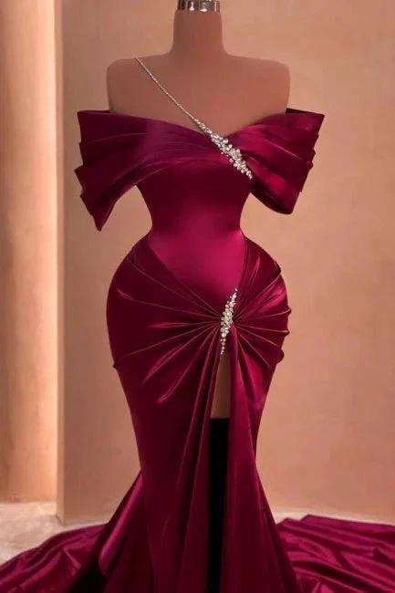 Floor-Length Mermaid Off-The-Shoulder Split Front Stain Prom Dresses with Beadings by misshow.com