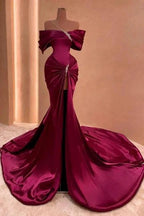 Floor-Length Mermaid Off-The-Shoulder Split Front Stain Prom Dresses with Beadings by misshow.com