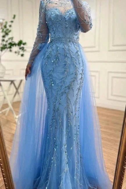 Floor-Length Mermaid Tulle Long Sleeves Beadings Ocean Blue Prom Dresses with Appliques by misshow.com