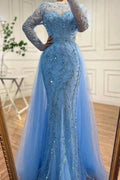 Floor-Length Mermaid Tulle Long Sleeves Beadings Ocean Blue Prom Dresses with Appliques by misshow.com