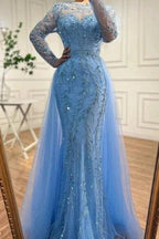 Floor-Length Mermaid Tulle Long Sleeves Beadings Ocean Blue Prom Dresses with Appliques by misshow.com