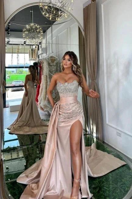 Floor-Length Split Front Sweetheart Ruffles Sleeveless Prom Dresses with Beadings by misshow.com