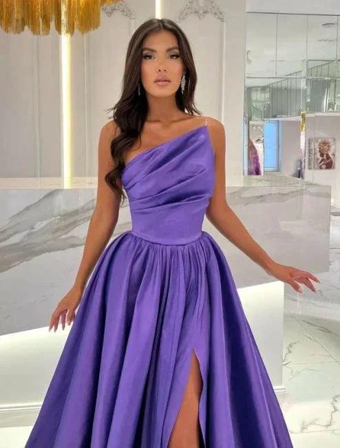Floor-Length Stain A-Line One Shoulder Split Front Sleeveless Prom Dresses with Ruffles by misshow.com