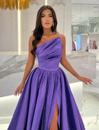 Floor-Length Stain A-Line One Shoulder Split Front Sleeveless Prom Dresses with Ruffles by misshow.com