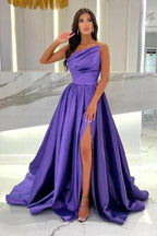 Floor-Length Stain A-Line One Shoulder Split Front Sleeveless Prom Dresses with Ruffles by misshow.com