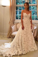 Floral Lace Strapless A Line Boho Ivory Wedding Dress with Satin Bowtie WD634 by pgmdress