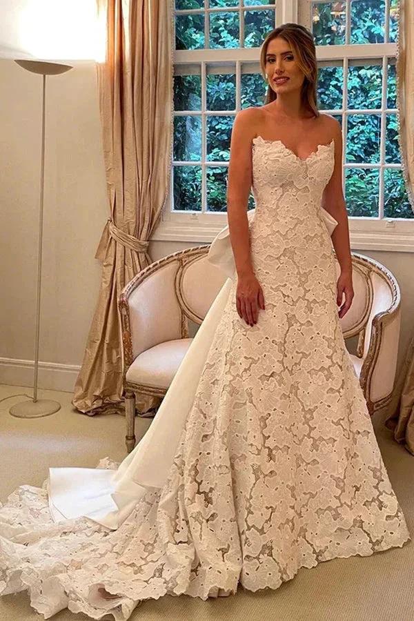 Floral Lace Strapless A Line Boho Ivory Wedding Dress with Satin Bowtie WD634 by pgmdress