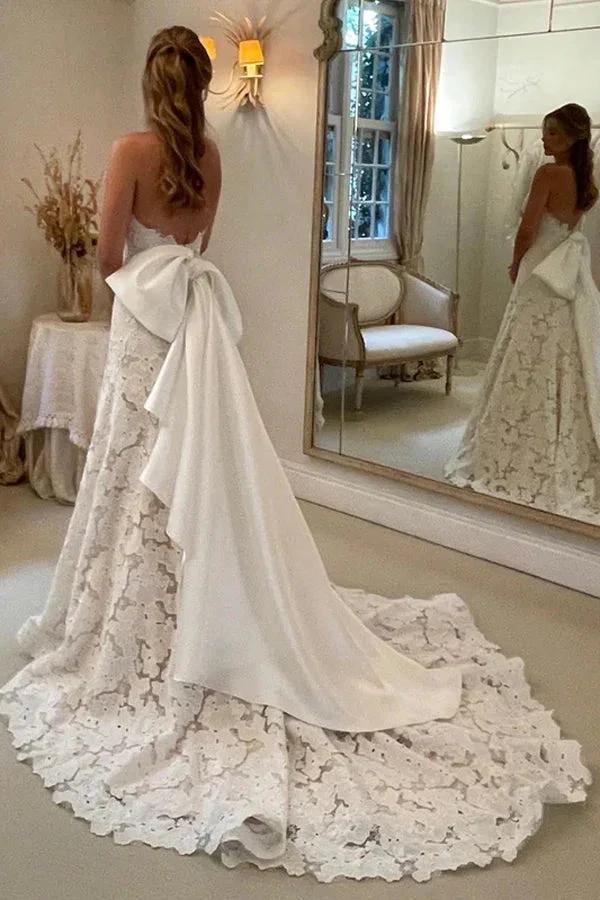 Floral Lace Strapless A Line Boho Ivory Wedding Dress with Satin Bowtie WD634 by pgmdress