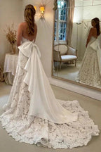 Floral Lace Strapless A Line Boho Ivory Wedding Dress with Satin Bowtie WD634 by pgmdress