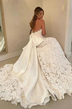Floral Lace Strapless A Line Boho Ivory Wedding Dress with Satin Bowtie WD634 by pgmdress