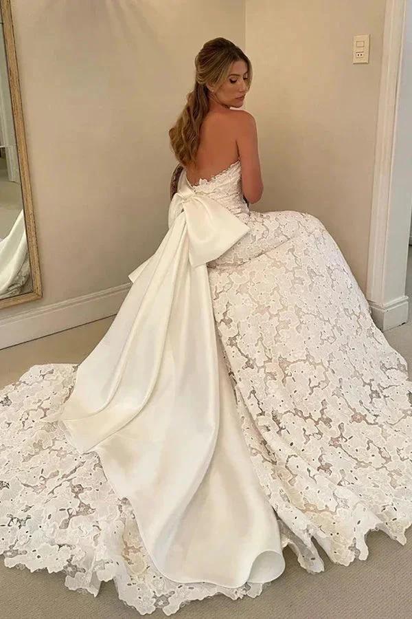 Floral Lace Strapless A Line Boho Ivory Wedding Dress with Satin Bowtie WD634 by pgmdress