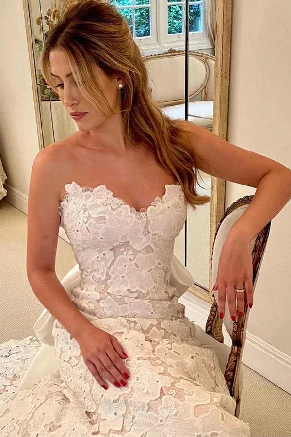 Floral Lace Strapless A Line Boho Ivory Wedding Dress with Satin Bowtie WD634 by pgmdress
