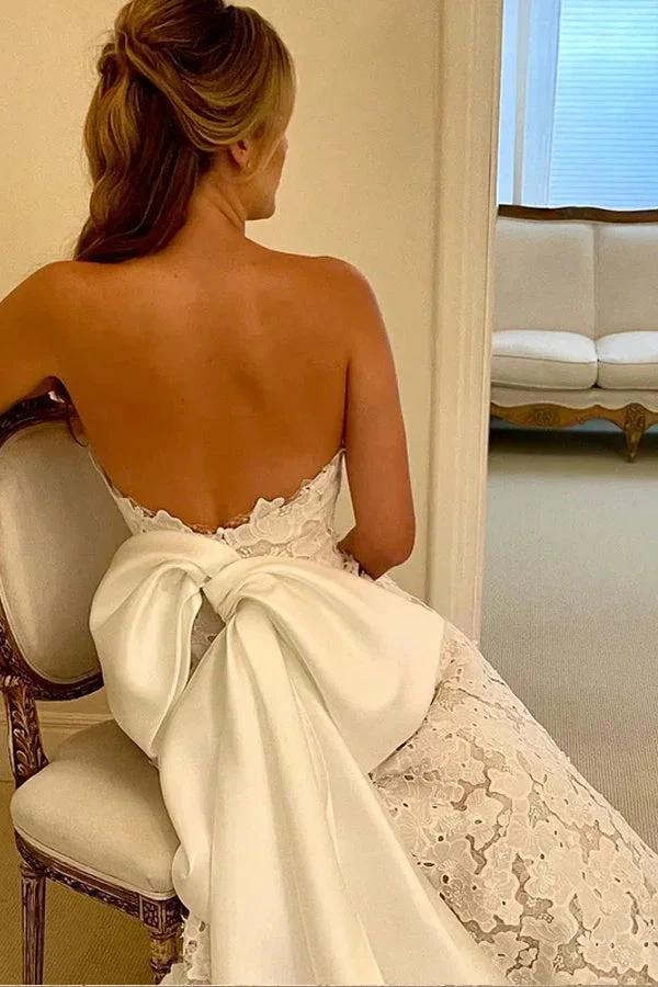 Floral Lace Strapless A Line Boho Ivory Wedding Dress with Satin Bowtie WD634 by pgmdress