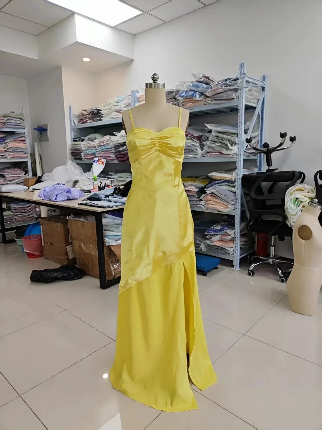 Spaghetti Strap Satin Prom Dresses Long A Line Pleated Corset Bridesmaid Formal Dress with Slit by Sunnderly