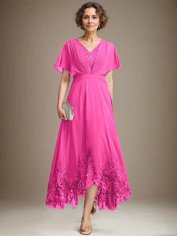A-line V-Neck Asymmetrical Lace Chiffon Mother of the Bride Dress With Pleated by Dreamylily