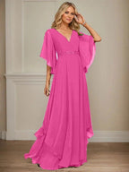 A-line V-Neck Floor-Length Chiffon Mother of the Bride Dress With Sequins Appliques Lace Beading by Dreamylily
