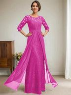 A-Line Scoop Illusion Floor-Length Lace Chiffon Mother Of the Bride Dress With Beading Ruffles by Dreamylily