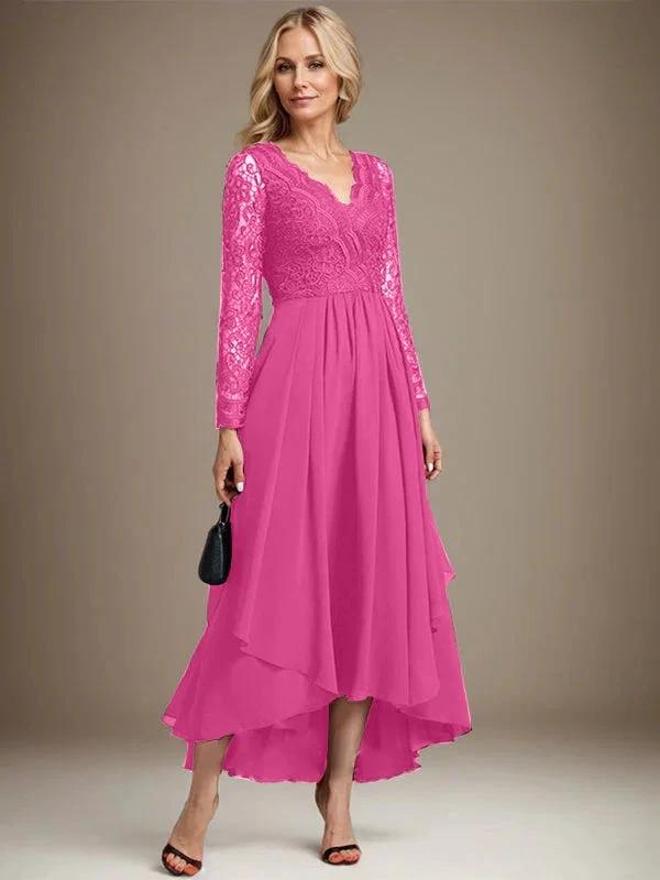 A-line V-Neck Asymmetrical Lace Chiffon Mother of the Bride Dress by Dreamylily