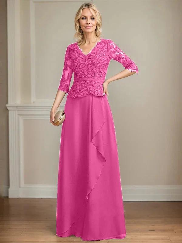 A-line V-Neck Floor-Length Lace Chiffon Mother of the Bride Dress With Cascading Ruffles Sequins by Dreamylily