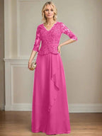 A-line V-Neck Floor-Length Lace Chiffon Mother of the Bride Dress With Cascading Ruffles Sequins by Dreamylily