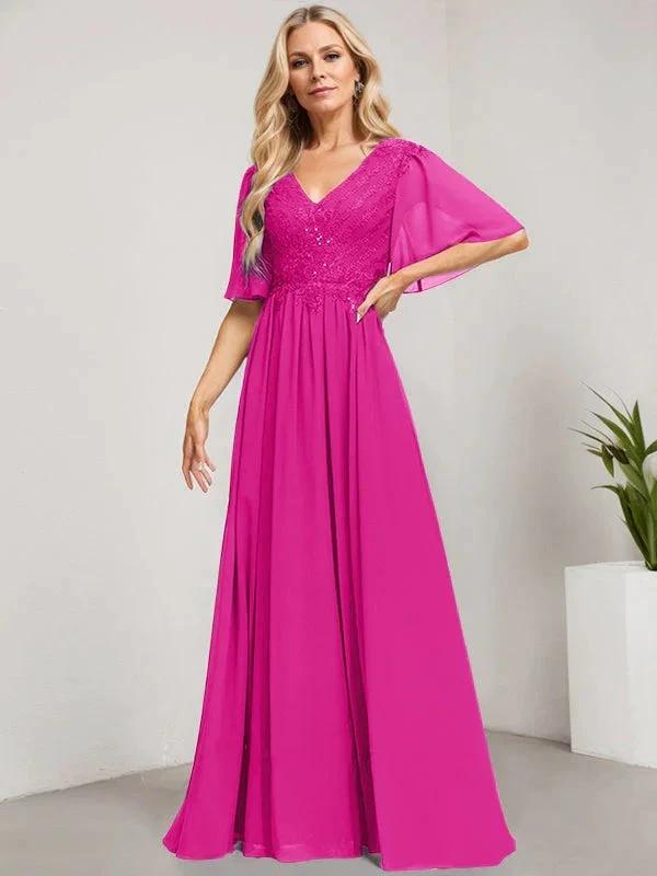 A-line V-Neck Floor-Length Lace Chiffon Mother of the Bride Dress With Sequins by Dreamylily