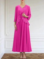A-line V-Neck Ankle-Length Chiffon Mother of the Bride Dress With Sequins Appliques Lace Beading by Dreamylily