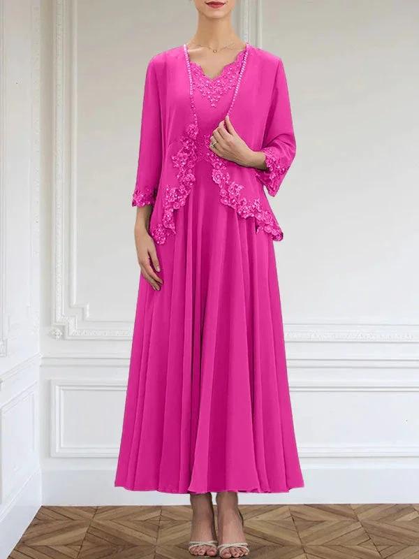 A-line V-Neck Ankle-Length Chiffon Mother of the Bride Dress With Sequins Appliques Lace Beading by Dreamylily