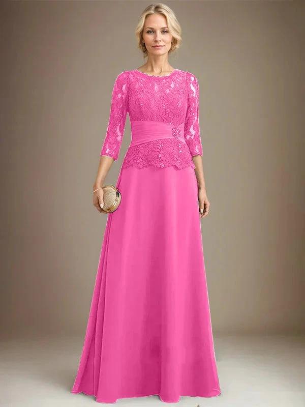 A-line Scoop Illusion Floor-Length Chiffon Lace Mother of the Bride Dress With Pleated Sequins Beading by Dreamylily