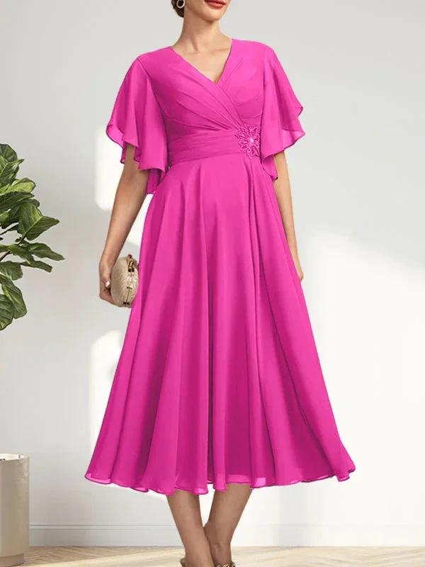 A-line V-Neck Tea-Length Chiffon Mother of the Bride Dress With Pleated Beading by Dreamylily