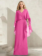 A-line V-Neck Floor-Length Chiffon Mother of the Bride Dress With Cascading Ruffles Beading by Dreamylily