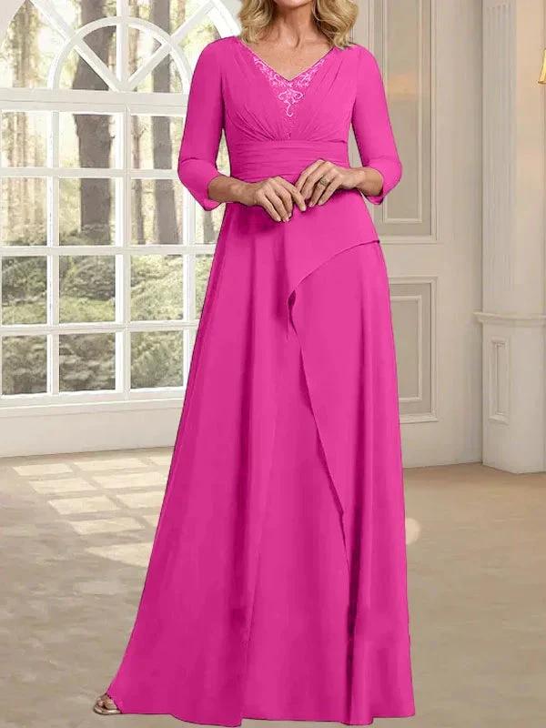 A-line V-Neck Floor-Length Chiffon Mother of the Bride Dress With Pleated Beading by Dreamylily