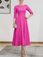 A-line Scoop Illusion Tea-Length Chiffon Lace Mother of the Bride Dress With Beading Sequins by Dreamylily