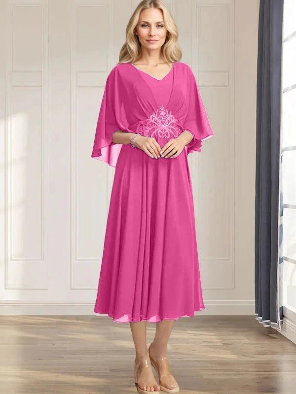 A-line V-Neck Tea-Length Chiffon Mother of the Bride Dress With Pleated Sequins Appliques Lace Beadind by Dreamylily