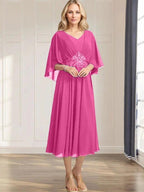 A-line V-Neck Tea-Length Chiffon Mother of the Bride Dress With Pleated Sequins Appliques Lace Beadind by Dreamylily