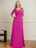 A-line V-Neck Floor-Length Lace Chiffon Mother of the Bride Dress With Pleated Sequins by Dreamylily