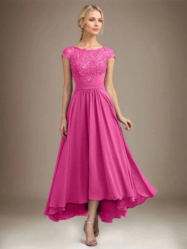 A-line Scoop Illusion Asymmetrical Lace Chiffon Mother of the Bride Dress With Pleated by Dreamylily