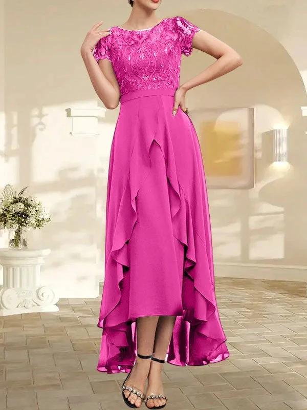 A-line Scoop Illusion Asymmetrical Chiffon Lace Mother of the Bride Dress With Bow Ruffle Sequins by Dreamylily