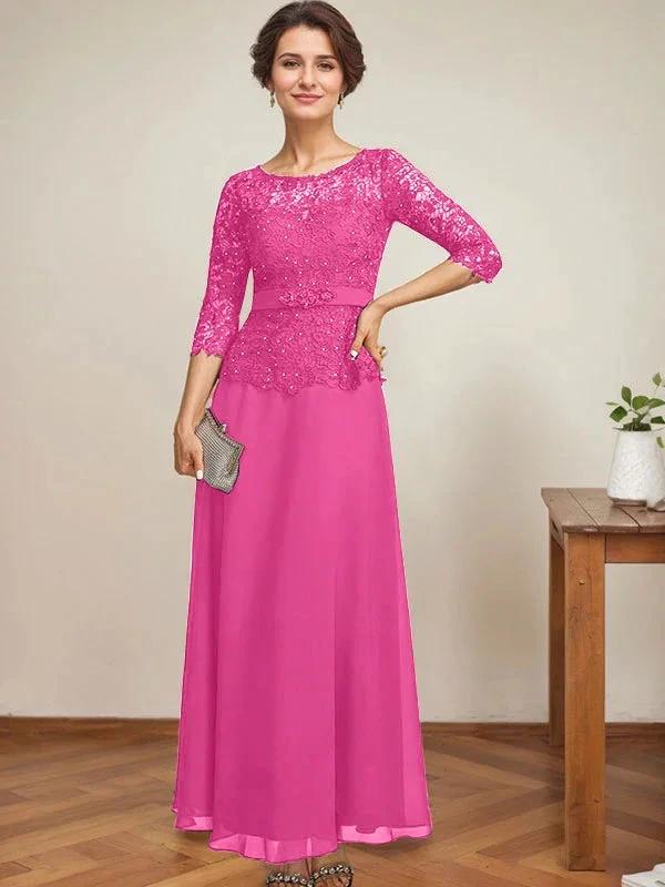 A-line Scoop Illusion Ankle-Length Chiffon Lace Mother of the Bride Dress With Rhinestone Beading by Dreamylily