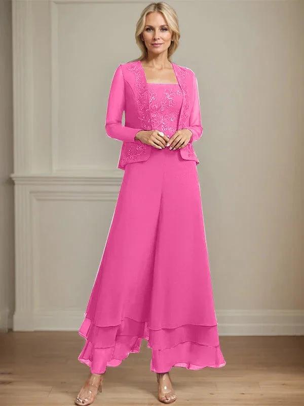 Separates Jumpsuit/Pantsuit Square Ankle-Length Lace Chiffon Mother of the Bride Dress With Sequins by Dreamylily