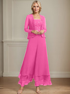 Separates Jumpsuit/Pantsuit Square Ankle-Length Lace Chiffon Mother of the Bride Dress With Sequins