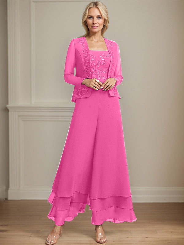 Separates Jumpsuit/Pantsuit Square Ankle-Length Lace Chiffon Mother of the Bride Dress With Sequins