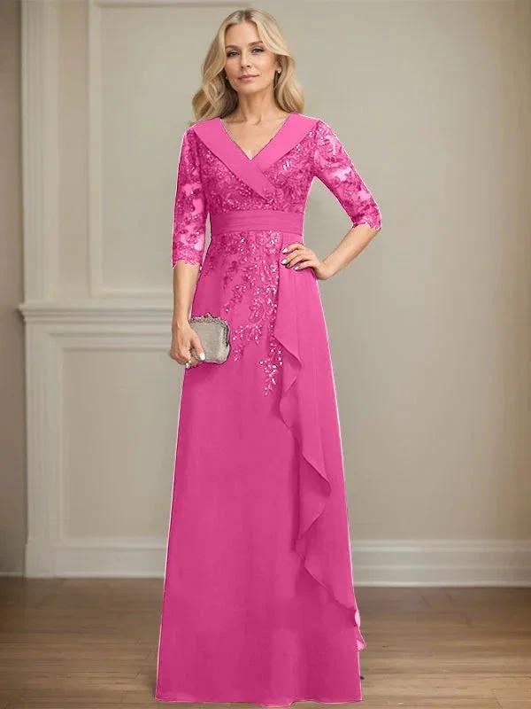 A-line Collared V-Neck Floor-Length Lace Chiffon Mother of the Bride Dress With Sequins Cascading Ruffles by Dreamylily