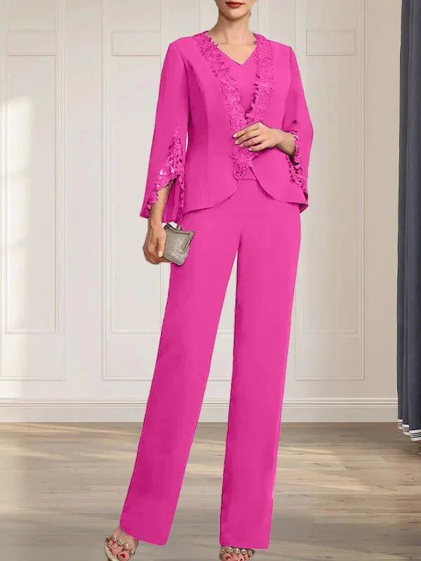Separates Jumpsuit/Pantsuit V-Neck Floor-Length Chiffon Mother of the Bride Dress by Dreamylily