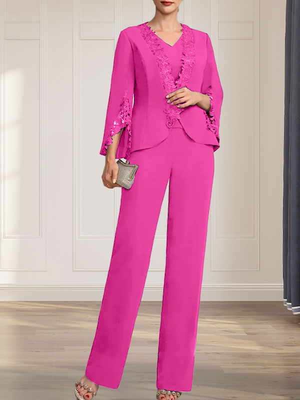 Separates Jumpsuit/Pantsuit V-Neck Floor-Length Chiffon Mother of the Bride Dress